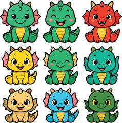 Adorable collection of various cute baby dragons and animal characters in cartoon stickers style. Generative Ai