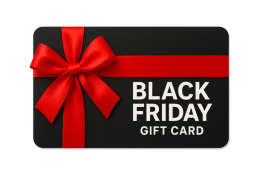 Black friday gift card with red bow on transparent background