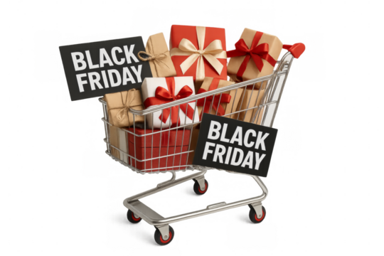 Shopping cart full of gift boxes and black friday signs promoting seasonal discounts on transparent background