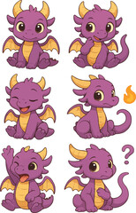 Adorable collection of various cute baby dragons and animal characters in cartoon stickers style. Generative Ai