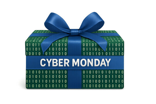 Cyber monday gift wrapped with binary code and blue ribbon on transparent background
