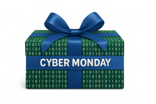 Cyber monday gift wrapped with binary code and blue ribbon on transparent background