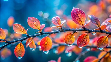 Vibrant autumn leaves adorned with dew drops on a branch