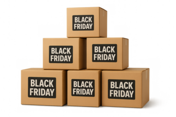 Stack of cardboard boxes with black friday labels forming a pyramid on transparent background