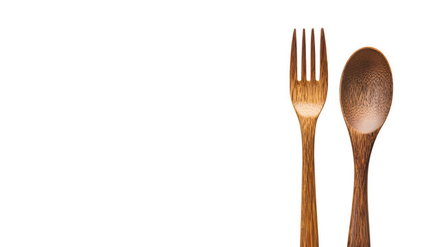 Simple Wooden Spoon and Fork Isolated on Tranasparent Background for Cooking and Dining