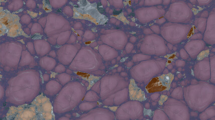 Full-frame 2D slab of rich purple Sarrancolin with scattered ochre, grey, and blue marble patches.