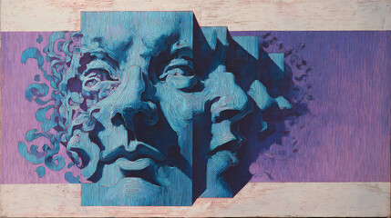 magazine visual on subconscious | self-aware illusion | lucid paranoia | copper light and shadow purple | recursive frame composition | distorted faces | temporal liquefaction | symbolic shadow