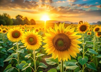 Obraz premium Bright yellow sunflowers standing tall in a lush green field