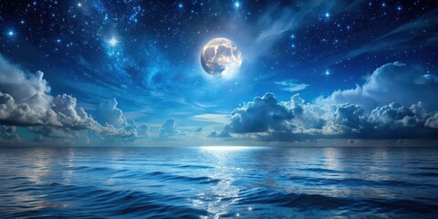 Enigmatic Nocturne Seascape Radiant Moonlit Ocean Stars Ethereal Backdrop Celestial Vista Dreamy Scenery Midnight Reflections
