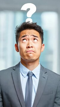 Business vertical video. Question mark above the head of a Asian businessman. An employee who is confused about his job. Asian businessman asking questions during brainstorming.