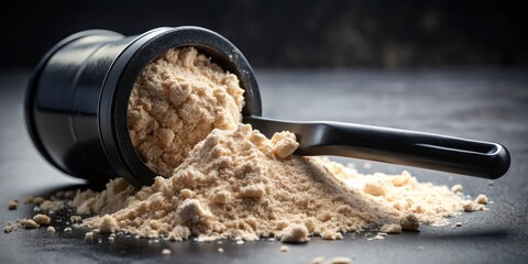 Protein powder spills on black scoop