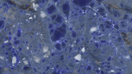 Full-frame 2D slab of Blue Bahia marble with sapphire tones and scattered white crystals.