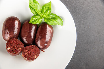 Black pudding sausage fresh delicious gourmet food background on the table rustic food top view...