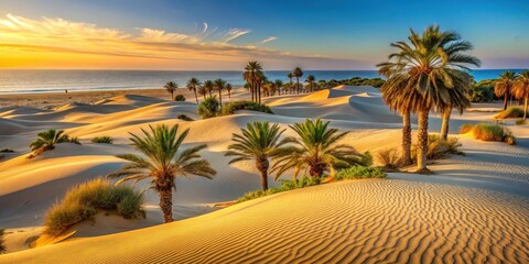 Warm sunlight glistens on golden sand dunes at Hammamet beach in Tunisia landscape with palm trees