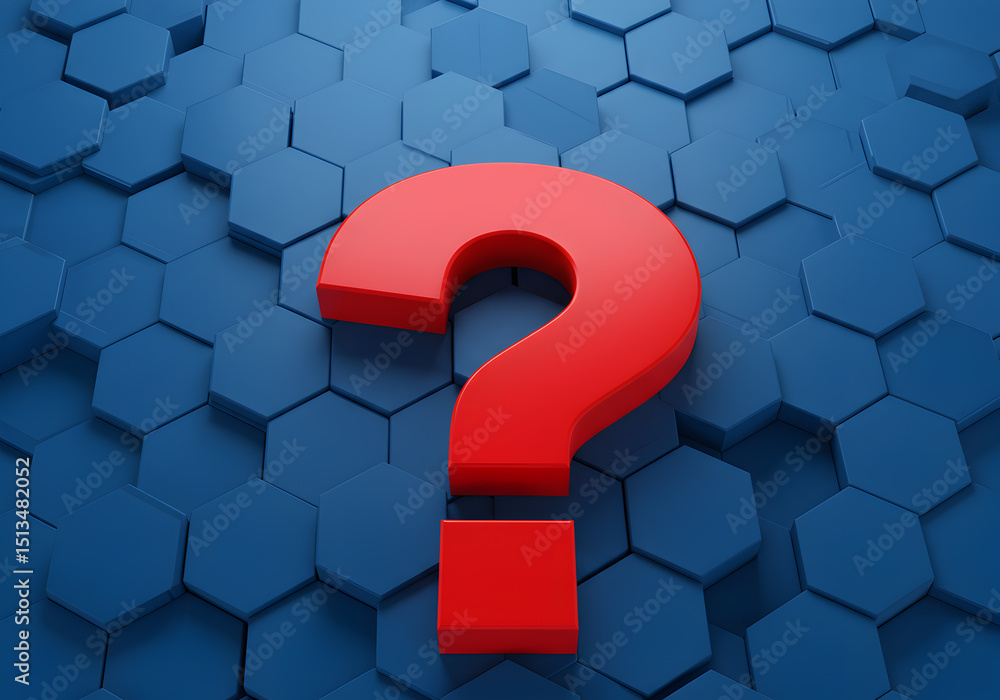 Poster red question mark on blue hexagon background symbol for questions answers and uncertainty concept de