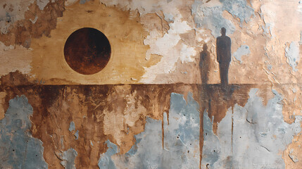 art journal feature on inner fear | time disintegration | symbolic dread | sun-bleached surreal tones | recursive frame composition | floating figures | dripping time deformation | symbolic shadow
