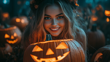 Young woman smiling while holding carved Halloween pumpkin with glowing jack-o-lantern face during autumn evening celebration outdoors