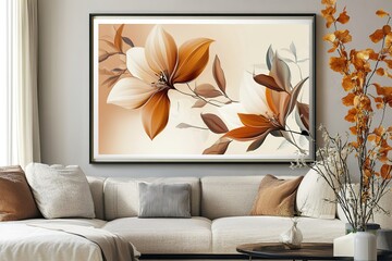 A modern living room featuring a large artwork of orange and beige flowers. The sofa is light-colored with cushions, and a vase with branches is on the table.