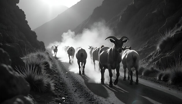 goat herd in the sharri mountains in rugova kosovo. Goats walking on the road in a village of Kosovo 