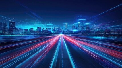 Cityscape highway at night with digital overlays.