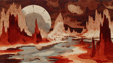 conceptual design for time paradox | fear of decay | psychic unease | bleached bone and crimson | dispersed dreamscape | melting clocks | layered subconscious contrast | microscopic detailing |