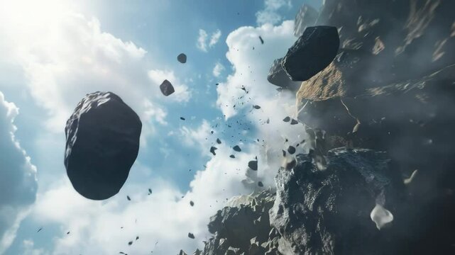 A lot of rock debris and large boulders falling from the mountain