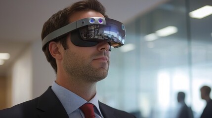 Business professional using augmented reality glasses in an office.