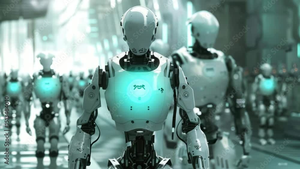 Poster a group of white futuristic robots with glowing blue elements on their chests, lined up in rows