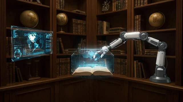 Futuristic Library with Robotic Arms and Holographic Displays