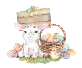 Cute Easter goat with basket of colorful painted eggs, chicken and wooden signpost on green lawn hand drawn watercolor illustration isolated on white. Clipart for children's holiday, farm designs