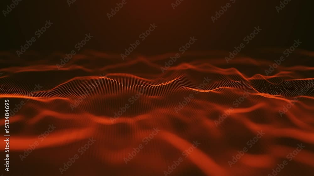 Poster abstract digital wave pattern that features moving illuminated red dots on a dark background creatin
