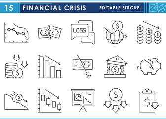 A set of line icons related to Financial Crisis. Finance, risk, degrade, loss, crash, currency, and so on. Vector editable stroke.