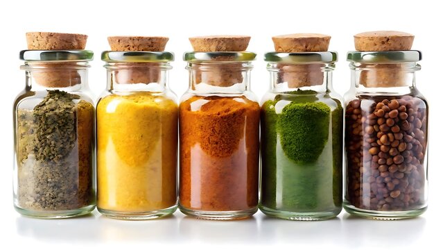 Five glass jars filled with assorted spices and herbs