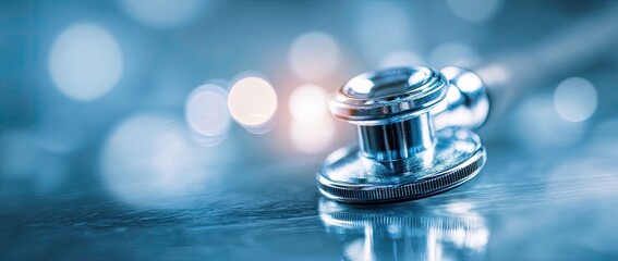 Medical Stethoscope on Blue Background with Bokeh Lights and Reflections
