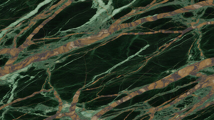 Full-frame 2D slab of Rainforest Green marble with brown and green branching veins, resembling tree roots.
