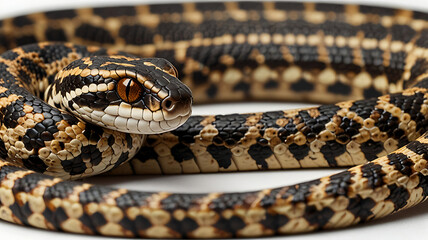 Obraz premium Close-up of a patterned snake coiled on white background