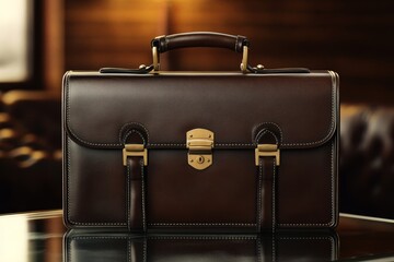 Brown leather briefcase with brass hardware.