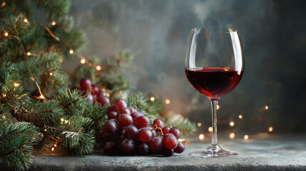 Glass of red wine sits elegantly beside cluster of grapes on dark concrete surface, surrounded by festive lights and pine branches, creating warm holiday atmosphere