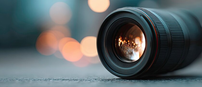 Fototapeta Professional Camera Lens with Bokeh Background Reflecting City Lights at Night