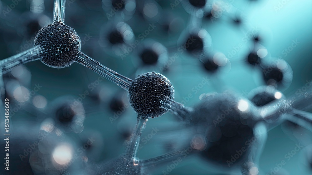 Poster molecular structure visualization with spheres and connecting rods on a teal background