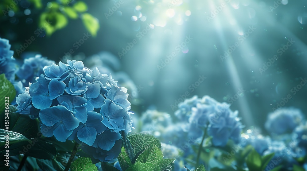 Fototapete blue hydrangeas blooming against a clean backdrop with a space for text or product in nature, genera