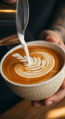 Milk being poured into a latte art design.