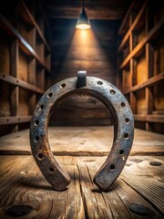Ancient Roman metal horseshoe with seven holes displayed on a worn wooden table in a dimly lit museum storage room