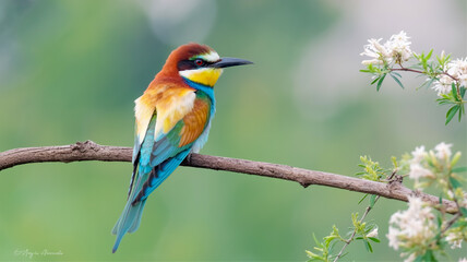 Fototapeta premium A close-up photograph of a European Bee-eater bird perched on a brown wooden branch against a soft green bokeh background.