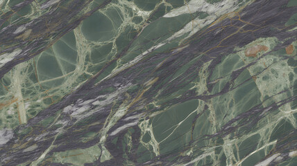 Full-frame 2D slab of Breccia Capraia marble featuring complex web-like veins in green, grey, and purple tones.