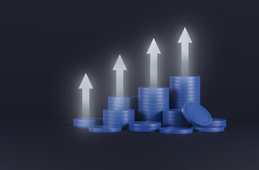 Money saving business concept. coin stack with growing business graph arrow of success financial. economic market chart digital stock currency strategy wealth management . 3d rendering.