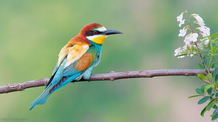 Fototapeta premium A close-up photograph of a European Bee-eater bird perched on a brown wooden branch against a soft green bokeh background.