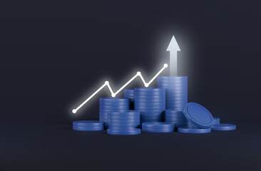 Money saving business concept. coin stack with growing business graph arrow of success financial. economic market chart digital stock currency strategy wealth management . 3d rendering.