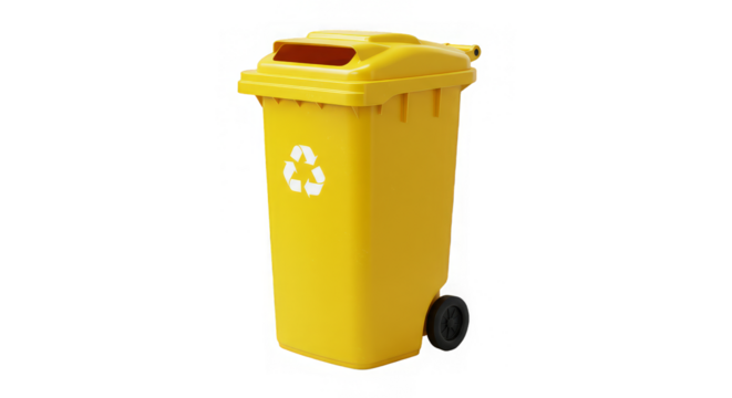 Isolated vibrant yellow recycle bin on a black background to promote environmental awareness.