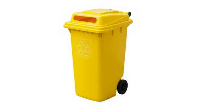 Isolated vibrant yellow recycling bin with lid and wheels on a transparent background